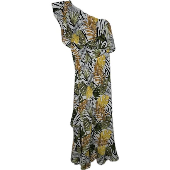 Abel the Label Tropical Leaf White High Low One Shoulder Maxi Dress XS - Picture 9 of 9